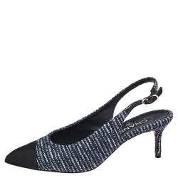 Pre Owned Chanel Blue/Black Tweed Cap Toe Slingback Pumps Size 39