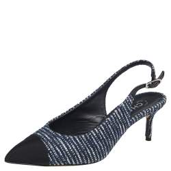 Pre Owned Chanel Blue/Black Tweed Cap Toe Slingback Pumps Size 39