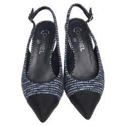 Pre Owned Chanel Blue/Black Tweed Cap Toe Slingback Pumps Size 39