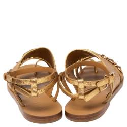 مملوكة مسبقًا Chanel Gold Crackled Leather CC Chain Detail Slingback Flat Sandals Size 39.5