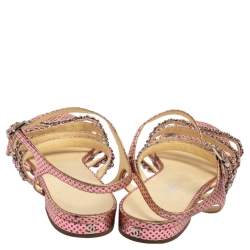 Pre Owned Chanel Metallic Pink Polka Dot Print Leather Chain Detail Ankle Strap Flat Sandals Size 41