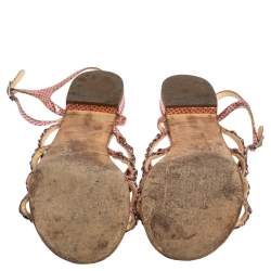 Pre Owned Chanel Metallic Pink Polka Dot Print Leather Chain Detail Ankle Strap Flat Sandals Size 41