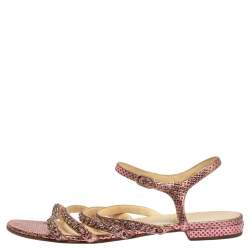 Pre Owned Chanel Metallic Pink Polka Dot Print Leather Chain Detail Ankle Strap Flat Sandals Size 41