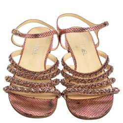Pre Owned Chanel Metallic Pink Polka Dot Print Leather Chain Detail Ankle Strap Flat Sandals Size 41
