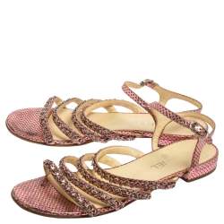 Pre Owned Chanel Metallic Pink Polka Dot Print Leather Chain Detail Ankle Strap Flat Sandals Size 41