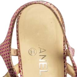 Pre Owned Chanel Metallic Pink Polka Dot Print Leather Chain Detail Ankle Strap Flat Sandals Size 41