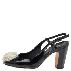 Chanel Black Patent Leather Camellia Embellished Slingback Sandals Size 36.5