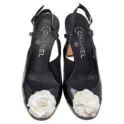 Chanel Black Patent Leather Camellia Embellished Slingback Sandals Size 36.5