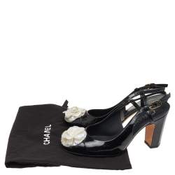 Chanel Black Patent Leather Camellia Embellished Slingback Sandals Size 36.5