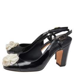 Chanel Black Patent Leather Camellia Embellished Slingback Sandals Size 36.5