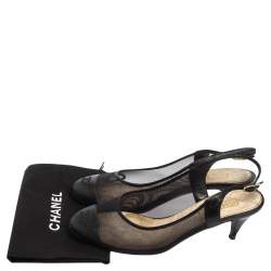 Chanel Black Mesh And and Lizard CC Cap Toe Slingback Sandals Size 36.5