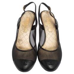 Chanel Black Mesh And and Lizard CC Cap Toe Slingback Sandals Size 36.5
