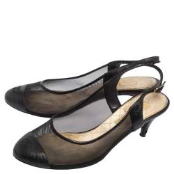 Chanel Black Mesh And and Lizard CC Cap Toe Slingback Sandals Size 36.5