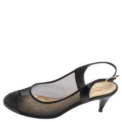 Chanel Black Mesh And and Lizard CC Cap Toe Slingback Sandals Size 36.5