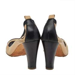 Pre Owned Chanel Beige/Black Leather CC Block Heel Pumps Size 39.5
