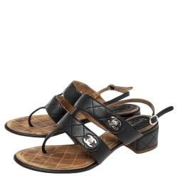 Pre Owned Chanel Black Quilted Leather CC Logo Slingback Sandals Size 36