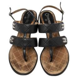 Pre Owned Chanel Black Quilted Leather CC Logo Slingback Sandals Size 36