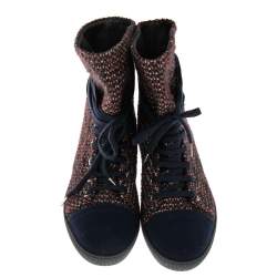 Chanel Multicolor Tweed Lace Wrap  Ankle Boots Size 37.5