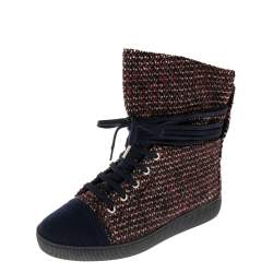 Chanel Multicolor Tweed Lace Wrap  Ankle Boots Size 37.5
