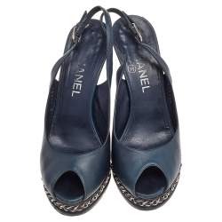 Chanel Blue Leather Chain Platform Slingback Sandals Size 37