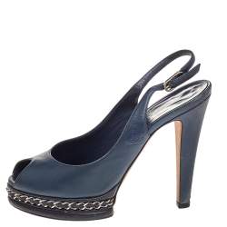 Chanel Blue Leather Chain Platform Slingback Sandals Size 37