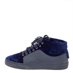 Chanel Navy Blue Velvet And Rubber CC High Top Sneakers Size 37.5