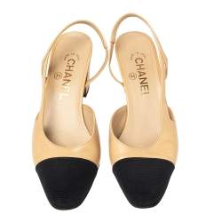 Pre Owned Chanel Beige/Black Leather And Canvas CC Cap Toe  Slingback Sandals Size 37
