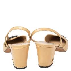 Pre Owned Chanel Beige/Black Leather And Canvas CC Cap Toe  Slingback Sandals Size 37