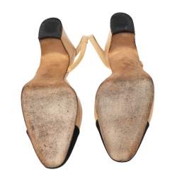 Pre Owned Chanel Beige/Black Leather And Canvas CC Cap Toe  Slingback Sandals Size 37