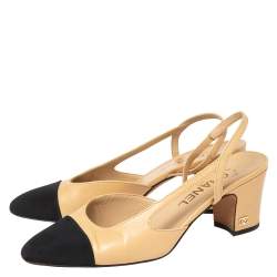 Pre Owned Chanel Beige/Black Leather And Canvas CC Cap Toe  Slingback Sandals Size 37