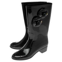Chanel Black Camellia  Rubber Rain Boots Size 41