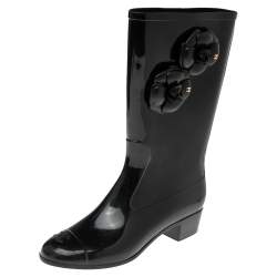 Chanel Black Camellia  Rubber Rain Boots Size 41