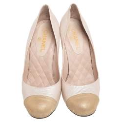 Chanel Beige/Gold Leather CC Cap Toe Block Heel  Pumps Size 41