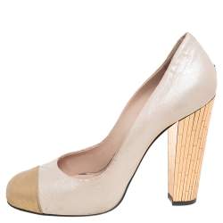 New Chanel Nude Beige Gold Leather Cap Toe Laced Pump Heels Pumps