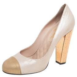 Chanel Beige/Gold Leather CC Cap Toe Block Heel  Pumps Size 41