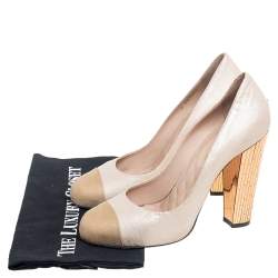 Chanel Beige/Gold Leather CC Cap Toe Block Heel  Pumps Size 41