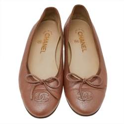 Pre Owned Chanel Brown Leather CC Cap Toe Ballet Flats 37.5 