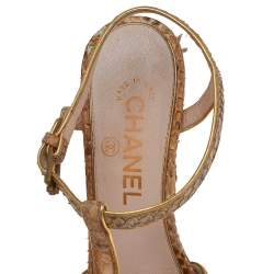 Chanel Brown Python CC T-Strap Block Heel Sandals Size 37.5 