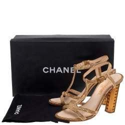 Chanel Brown Python CC T-Strap Block Heel Sandals Size 37.5 