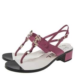 Pre Owned Chanel Purple Leather Logo Slingback Sandals Size 37