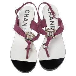 Pre Owned Chanel Purple Leather Logo Slingback Sandals Size 37
