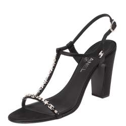 Pre Owned Chanel Black Satin Crystal Embellished T Strap Block Heel Sandals Size 39.5