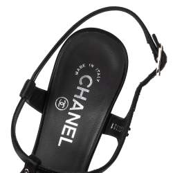 Pre Owned Chanel Black Satin Crystal Embellished T Strap Block Heel Sandals Size 39.5