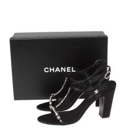 Pre Owned Chanel Black Satin Crystal Embellished T Strap Block Heel Sandals Size 39.5