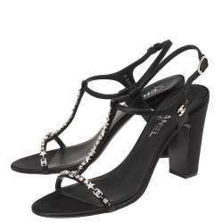 Pre Owned Chanel Black Satin Crystal Embellished T Strap Block Heel Sandals Size 39.5