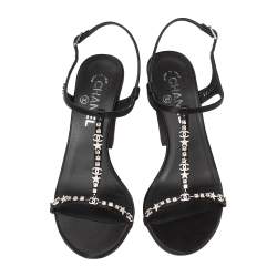 Pre Owned Chanel Black Satin Crystal Embellished T Strap Block Heel Sandals Size 39.5