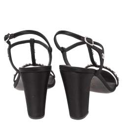Pre Owned Chanel Black Satin Crystal Embellished T Strap Block Heel Sandals Size 39.5