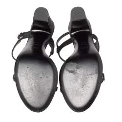 Pre Owned Chanel Black Satin Crystal Embellished T Strap Block Heel Sandals Size 39.5