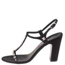 Pre Owned Chanel Black Satin Crystal Embellished T Strap Block Heel Sandals Size 39.5