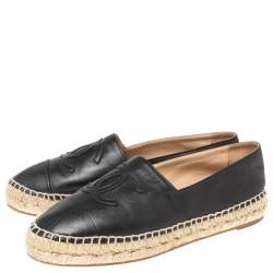 مملوكة مسبقًا Chanel Black  Leather CC Cap Toe Espadrilles Flats Size 37